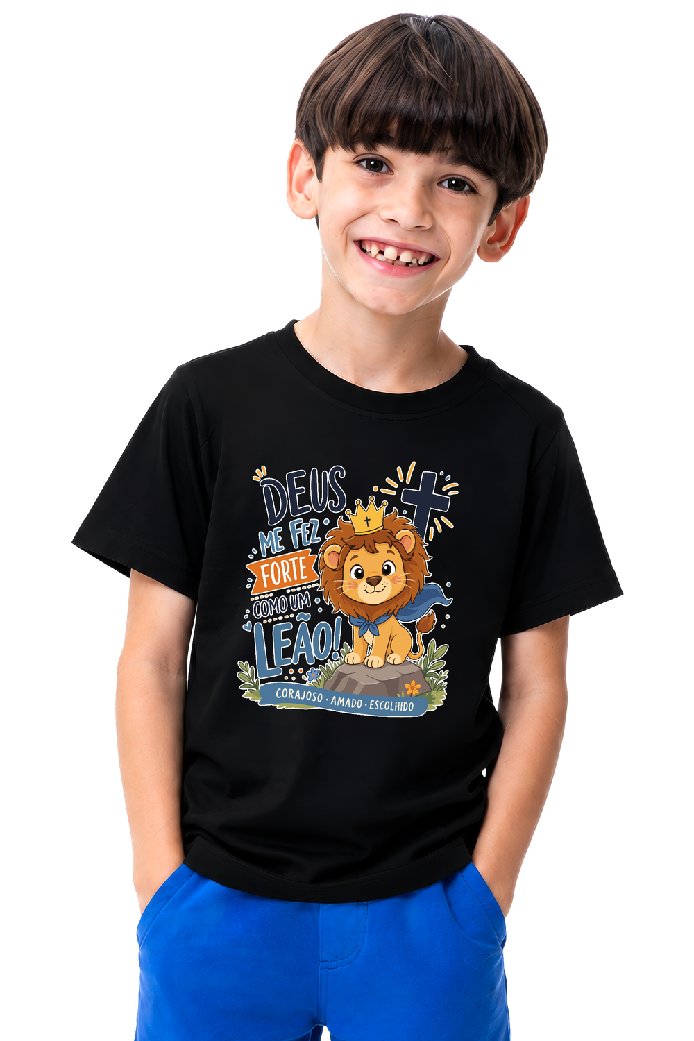 Camiseta Infantil Forte como um Leão — Preta — foto 1 de 1